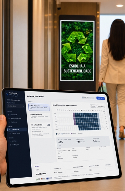 A VOLTORIA é uma solução digital que permite gerir e otimizar o consumo energético de redes de Digital Signage de forma centralizada, remota e eficiente.